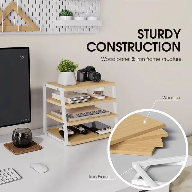 Alt view image 5 of 7 - Desk Shelf Organizer, 4-Tier Tower Desktop Office Shelves, Oak | Wood and Metal Open Shelf, Corner File Organizer for Office Supplies, Top of Desk Organizers and Accessories