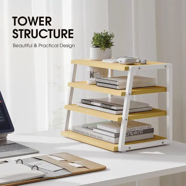 Alt view image 7 of 7 - Desk Shelf Organizer, 4-Tier Tower Desktop Office Shelves, Oak | Wood and Metal Open Shelf, Corner File Organizer for Office Supplies, Top of Desk Organizers and Accessories