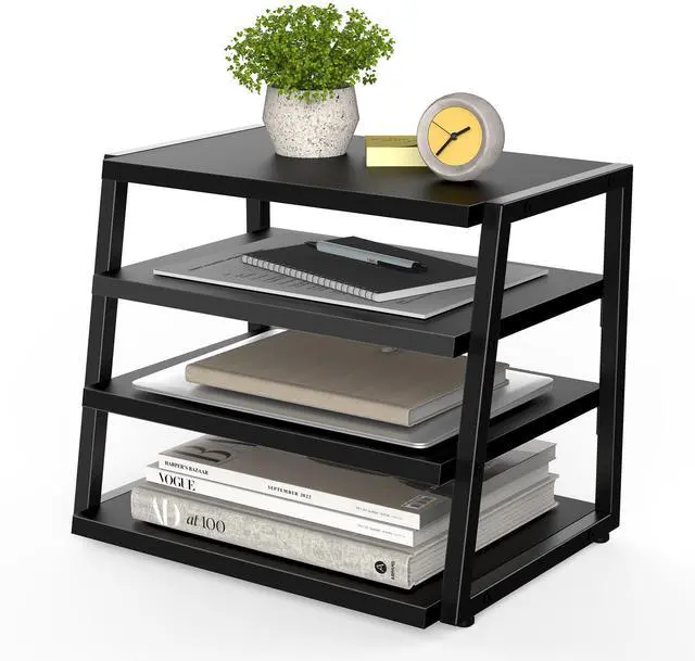 Main image of Desk Shelf Organizer, 4-Tier Tower Desktop Office Shelves, Black | Wood and Metal Open Shelf, Corner File Organizer for Office Supplies, Top of Desk Organizers and Accessories