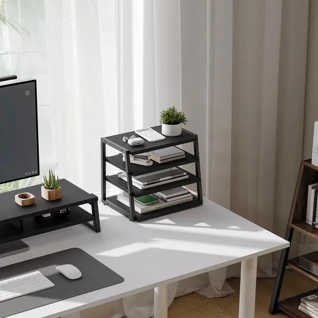 Alt view image 2 of 7 - Desk Shelf Organizer, 4-Tier Tower Desktop Office Shelves, Black | Wood and Metal Open Shelf, Corner File Organizer for Office Supplies, Top of Desk Organizers and Accessories