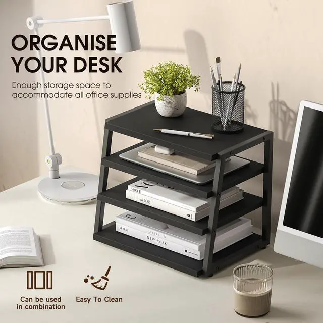 Alt view image 4 of 7 - Desk Shelf Organizer, 4-Tier Tower Desktop Office Shelves, Black | Wood and Metal Open Shelf, Corner File Organizer for Office Supplies, Top of Desk Organizers and Accessories