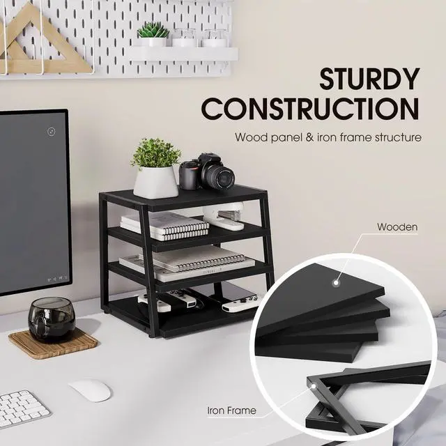 Alt view image 5 of 7 - Desk Shelf Organizer, 4-Tier Tower Desktop Office Shelves, Black | Wood and Metal Open Shelf, Corner File Organizer for Office Supplies, Top of Desk Organizers and Accessories