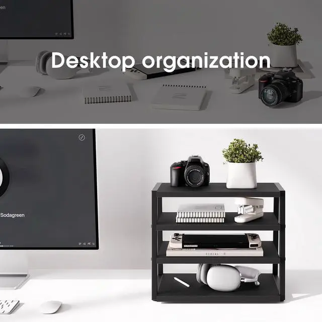 Alt view image 6 of 7 - Desk Shelf Organizer, 4-Tier Tower Desktop Office Shelves, Black | Wood and Metal Open Shelf, Corner File Organizer for Office Supplies, Top of Desk Organizers and Accessories