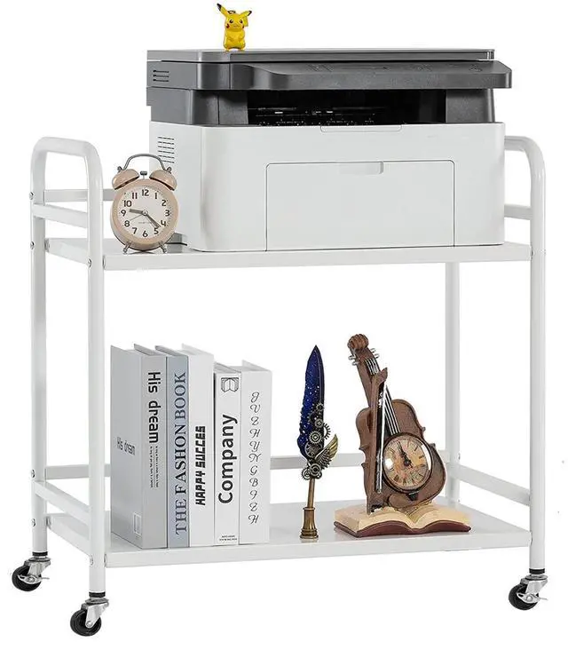 Main image of 2 Tier Under Desk Printer Stand with Storage,Microwave Storage Rack,Metal Rolling Printer Cart with Wheels for Home Office,Utility Storage Cart and Stand,White