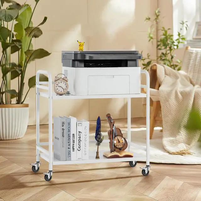 Alt view image 2 of 7 - 2 Tier Under Desk Printer Stand with Storage,Microwave Storage Rack,Metal Rolling Printer Cart with Wheels for Home Office,Utility Storage Cart and Stand,White