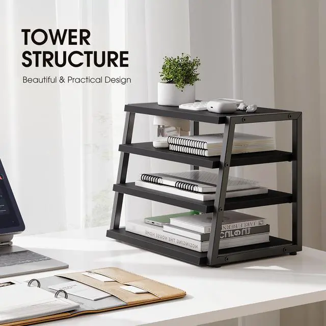 Alt view image 7 of 7 - Desk Shelf Organizer, 4-Tier Tower Desktop Office Shelves, Black | Wood and Metal Open Shelf, Corner File Organizer for Office Supplies, Top of Desk Organizers and Accessories