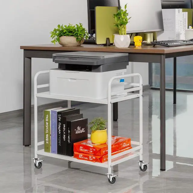 Alt view image 4 of 7 - 2 Tier Under Desk Printer Stand with Storage,Microwave Storage Rack,Metal Rolling Printer Cart with Wheels for Home Office,Utility Storage Cart and Stand,White