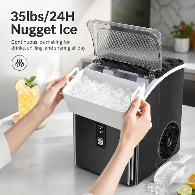 Alt view image 4 of 7 - Nugget Ice Maker Countertop, 35 lbs Per Day, Black | Chewable Pebble Ice, Self-Cleaning, One-Touch Operation, with Ice Basket & Scoop, for Home, Kitchen, Office & Outdoor