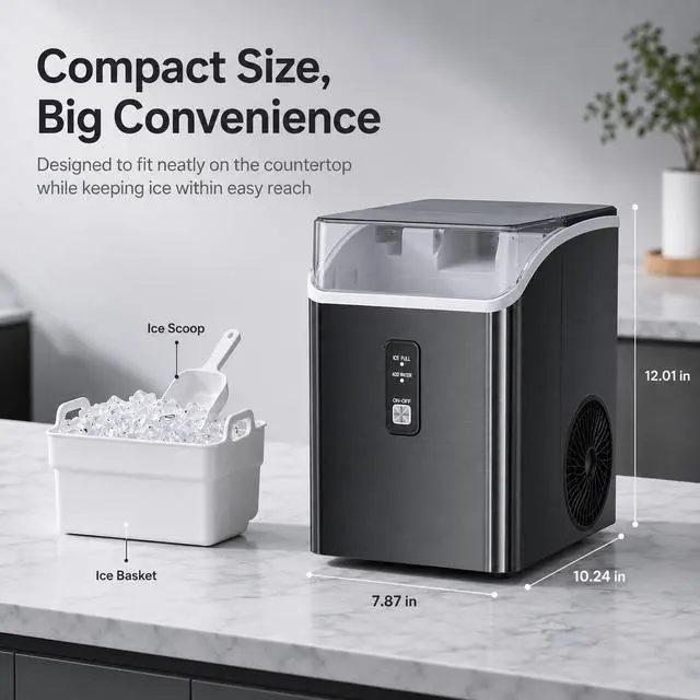 Alt view image 5 of 7 - Nugget Ice Maker Countertop, 35 lbs Per Day, Black | Chewable Pebble Ice, Self-Cleaning, One-Touch Operation, with Ice Basket & Scoop, for Home, Kitchen, Office & Outdoor
