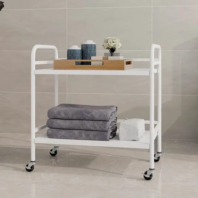 Alt view image 7 of 7 - 2 Tier Under Desk Printer Stand with Storage,Microwave Storage Rack,Metal Rolling Printer Cart with Wheels for Home Office,Utility Storage Cart and Stand,White