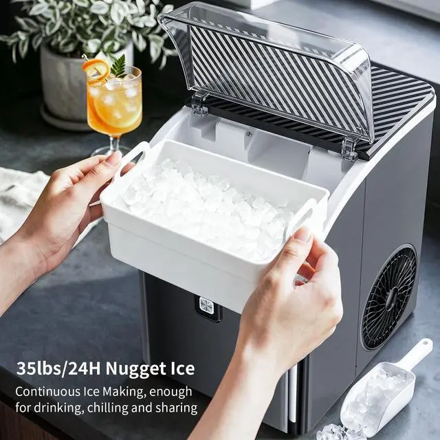 Alt view image 4 of 7 - Nugget Ice Maker, Countertop Ice Machine with 35lbs Per Day, Chewable Pebble Ice, Self-Cleaning, One-Touch Control, Ice Basket & Scoop, for Home, Kitchen, Office & Outdoor, Black