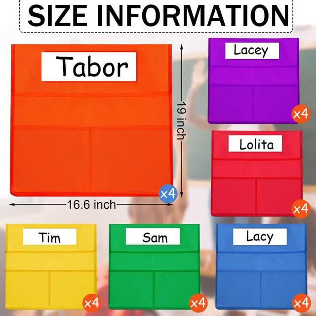 Alt view image 2 of 7 - 24 Pcs Chairback Pockets for Classroom with Name Tags, 16.3 x 15 Inch Seat Storage Organizers, 2 Large Pockets Chair Back Organizers for Students Teachers School Supplies(Multicolor)
