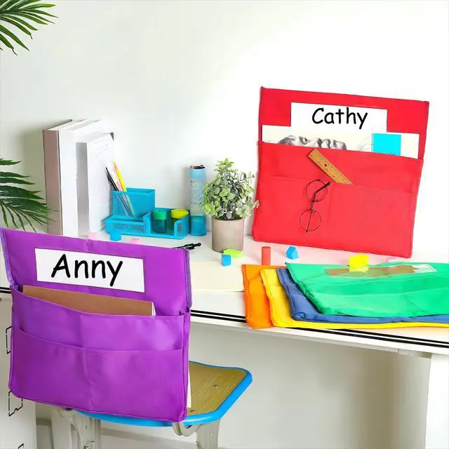 Alt view image 7 of 7 - 24 Pcs Chairback Pockets for Classroom with Name Tags, 16.3 x 15 Inch Seat Storage Organizers, 2 Large Pockets Chair Back Organizers for Students Teachers School Supplies(Multicolor)