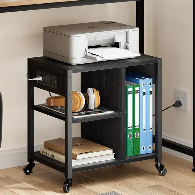 Main image of Under Desk Printer Stand with Power Outlets and USB Charging Ports, Desktop Printer Table with Storage Shelf, 4 Tier Mobile Printer Stand with Wheels for Home Office, Rustic Black