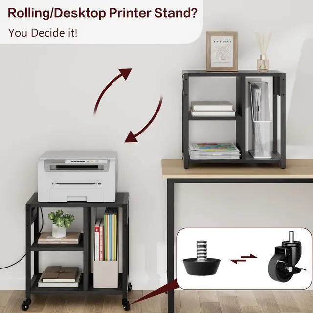 Alt view image 3 of 7 - Under Desk Printer Stand with Power Outlets and USB Charging Ports, Desktop Printer Table with Storage Shelf, 4 Tier Mobile Printer Stand with Wheels for Home Office, Rustic Black