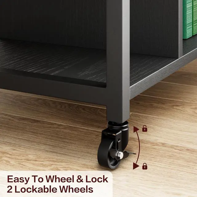Alt view image 4 of 7 - Under Desk Printer Stand with Power Outlets and USB Charging Ports, Desktop Printer Table with Storage Shelf, 4 Tier Mobile Printer Stand with Wheels for Home Office, Rustic Black