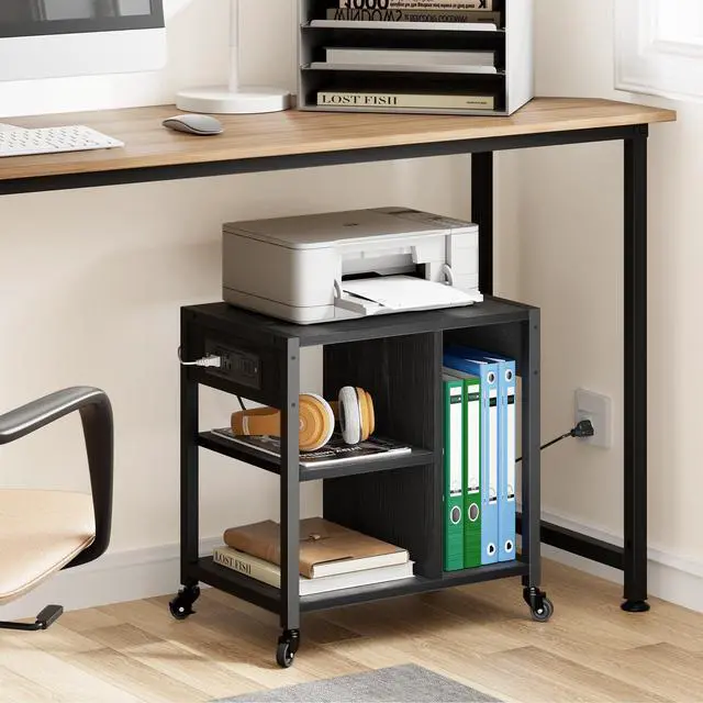Alt view image 7 of 7 - Under Desk Printer Stand with Power Outlets and USB Charging Ports, Desktop Printer Table with Storage Shelf, 4 Tier Mobile Printer Stand with Wheels for Home Office, Rustic Black
