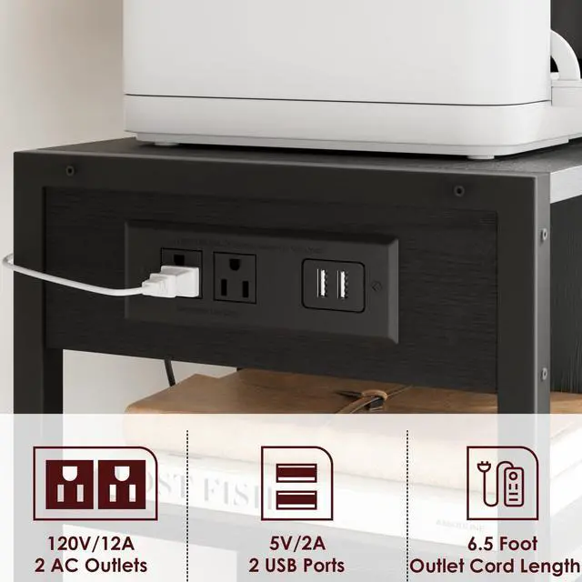 Alt view image 6 of 7 - Under Desk Printer Stand with Power Outlets and USB Charging Ports, Desktop Printer Table with Storage Shelf, 4 Tier Mobile Printer Stand with Wheels for Home Office, Rustic Black