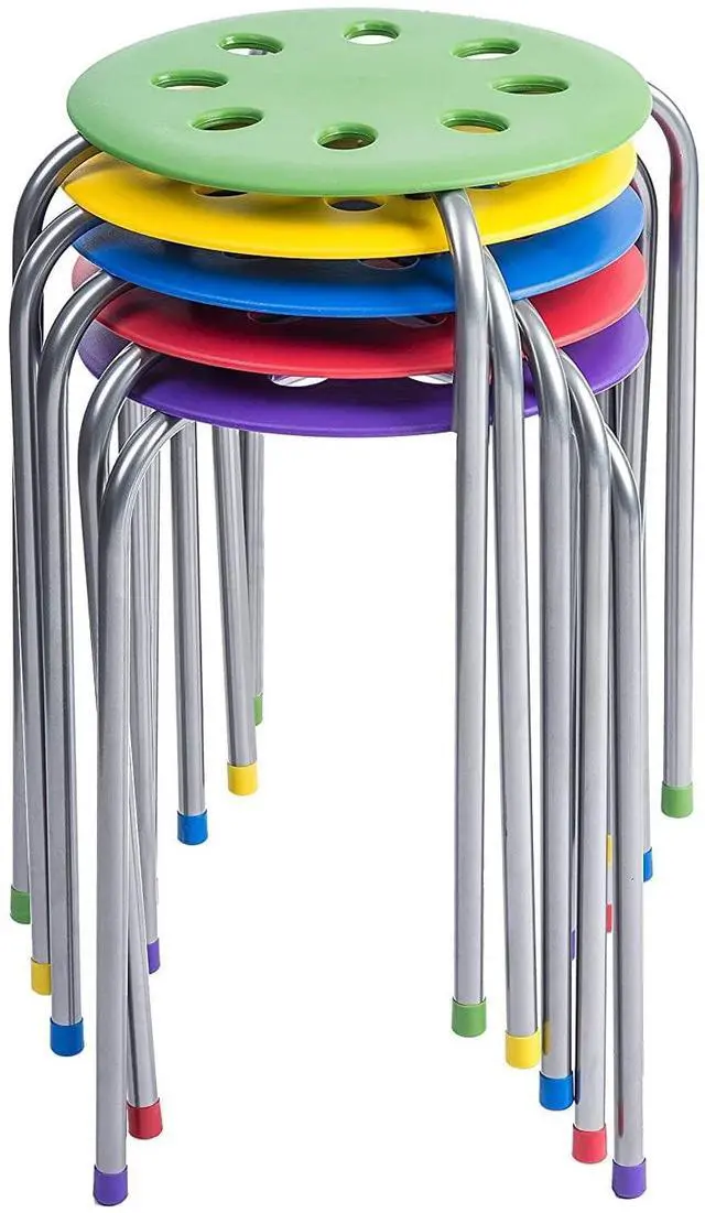 Main image of Plastic Classroom Stools for Kids, Multipurpose Stool Chairs, Flexible Seating, Stacking Stools, Stainless Steel Legs - Set of 5, Multi-Color