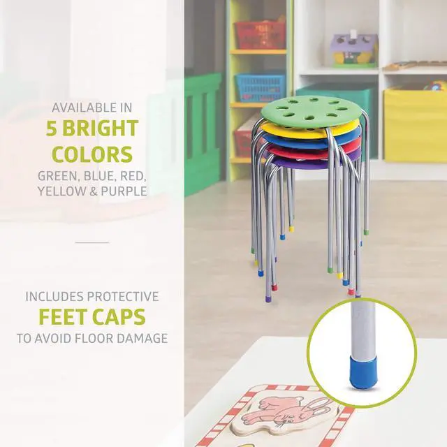 Alt view image 3 of 6 - Plastic Classroom Stools for Kids, Multipurpose Stool Chairs, Flexible Seating, Stacking Stools, Stainless Steel Legs - Set of 5, Multi-Color