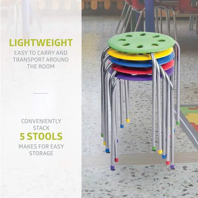 Alt view image 4 of 6 - Plastic Classroom Stools for Kids, Multipurpose Stool Chairs, Flexible Seating, Stacking Stools, Stainless Steel Legs - Set of 5, Multi-Color