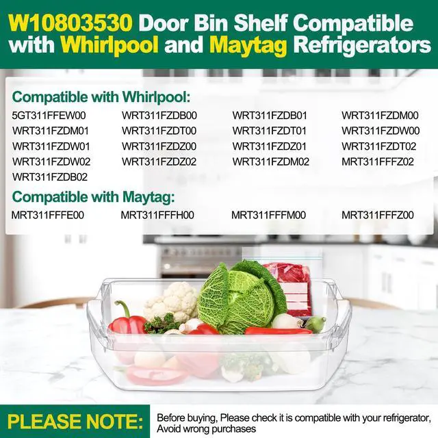 Alt view image 3 of 7 - (2 PACK) UPGRADED W10803530 Door Shelf Replacement, Compatible with Whirlpool, Maytag Refrigerator Door Bin 5GT311FFEW00 WRT311FZDB00 WRT311FZDB01 WRT311FZDM00, Replace W10582649, PS11703474 Door Bin