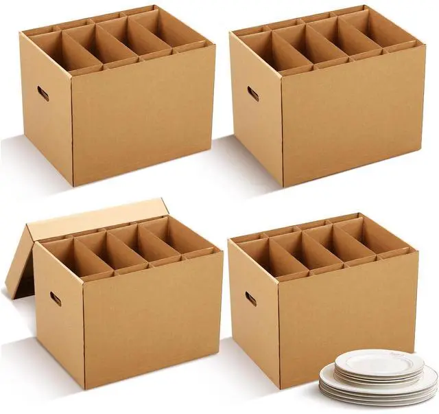 Main image of 4 Pack Large Dish Packing Boxes for Moving with Divider 16 x 12 x 12 Inch Kitchen Moving Boxes with Reinforced Handle Lid Packing Supplies for Dishes and Glassware