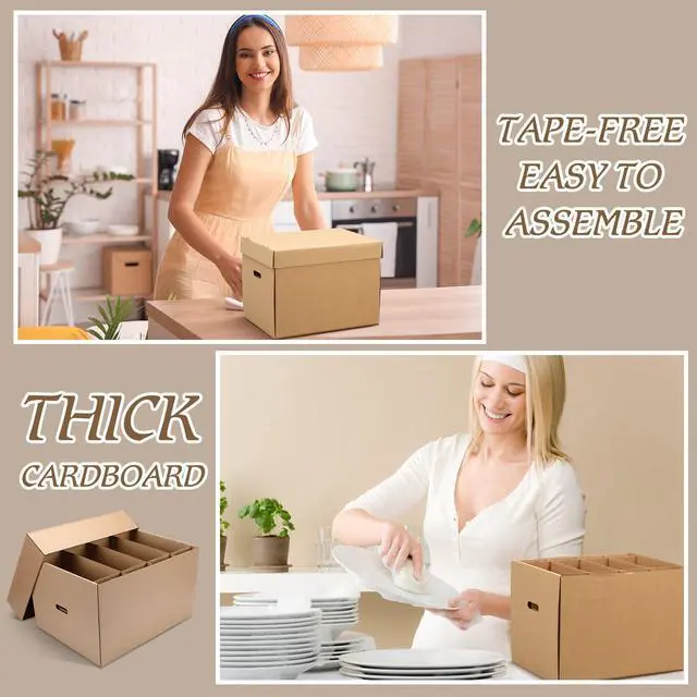 Alt view image 4 of 5 - 4 Pack Large Dish Packing Boxes for Moving with Divider 16 x 12 x 12 Inch Kitchen Moving Boxes with Reinforced Handle Lid Packing Supplies for Dishes and Glassware