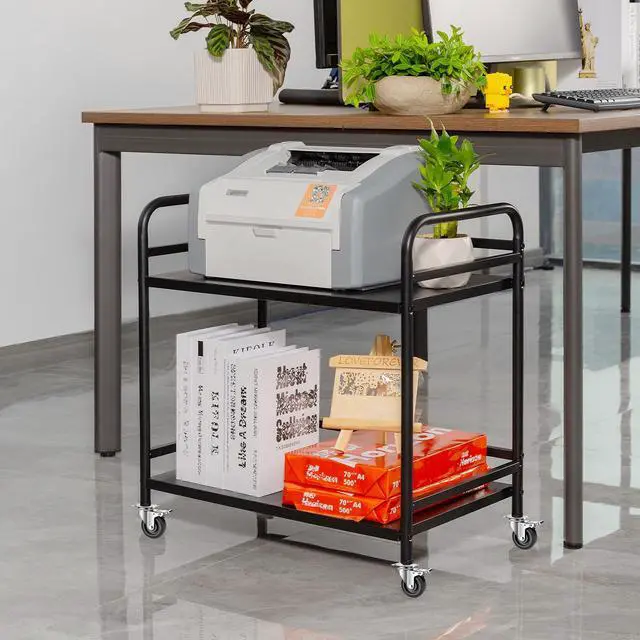 Alt view image 5 of 7 - 2 Tier Under Desk Printer Stand with Storage,Microwave Storage Rack,Metal Rolling Printer Cart with Wheels for Home Office,Utility Storage Cart and Stand,Black