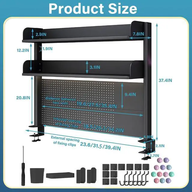 Alt view image 2 of 7 - Clamp on Desk Organizer Shelf with Pegboard, Multipurpose Countertop Hutch Bookshelf, Desktop Bookshelf Storage Shelves for Home Office Dorm Gaming Desk,Black (39.4in)