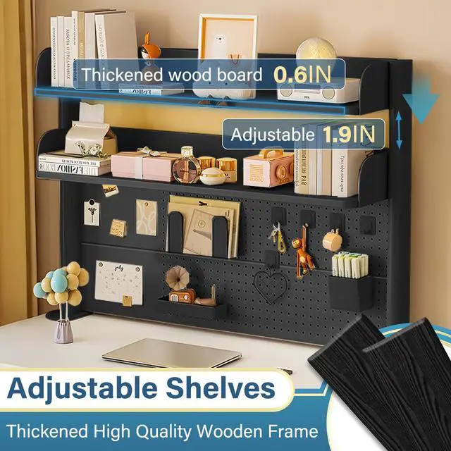 Alt view image 3 of 7 - Clamp on Desk Organizer Shelf with Pegboard, Multipurpose Countertop Hutch Bookshelf, Desktop Bookshelf Storage Shelves for Home Office Dorm Gaming Desk,Black (39.4in)