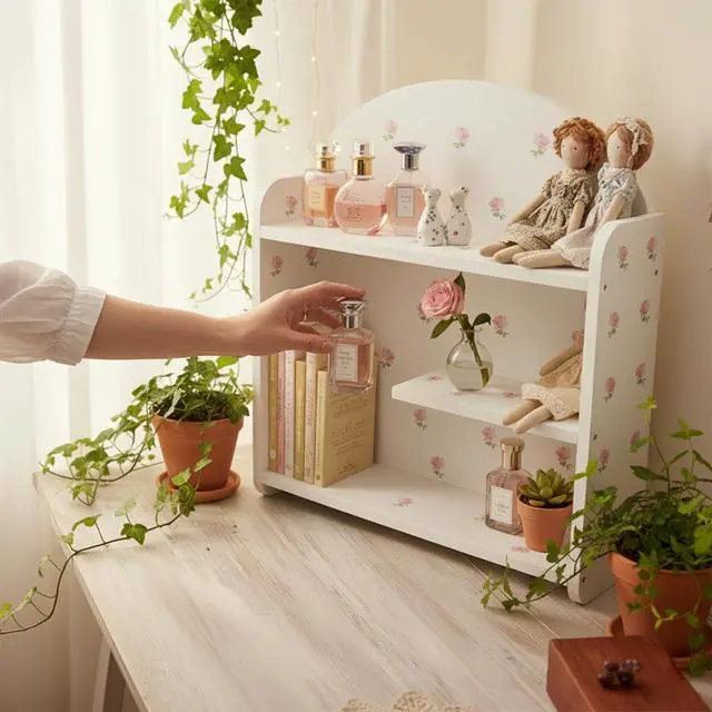Alt view image 6 of 7 - Desk Organizer, Small Desk Hutch and Desk Shelf for Top of Desk, 3-Tier White Floral Desk Organizers and Accessories for Notebooks, Stationery & Girls Gift