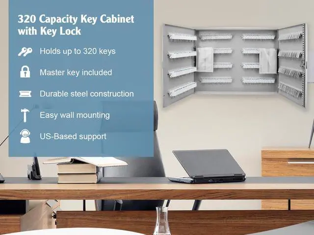 Alt view image 3 of 7 - 320-Position Key Cabinet Steel Key Lock Box with Numbered Hooks, Key Log Sheet, White Tags & Index Chart Wall-Mount Organizer, Gray Finish Key Cabinet wall mount - Key locking storage