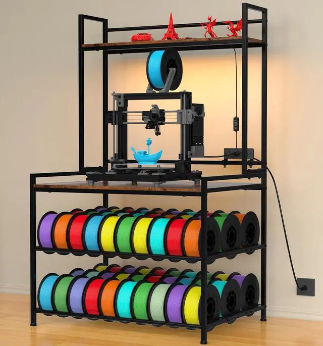 Main image of 3D Printer Stand with Filament StorageLED Light and Display Shelf Rack | Heavy Duty Metal 3 Tier 3D Printer Table to Store PLA/ABS/TPU Spools for Home Office Workshop Studio, 29.13"Lx21.06"Wx51.38"H