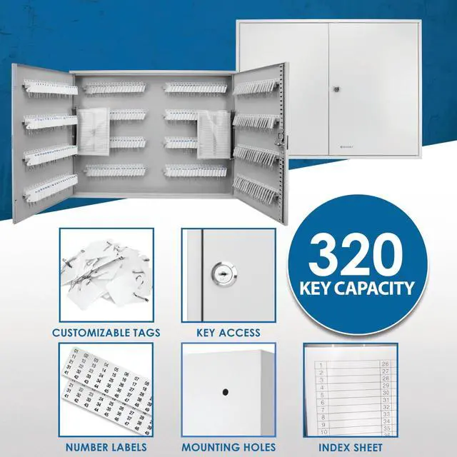 Alt view image 7 of 7 - 320-Position Key Cabinet Steel Key Lock Box with Numbered Hooks, Key Log Sheet, White Tags & Index Chart Wall-Mount Organizer, Gray Finish Key Cabinet wall mount - Key locking storage