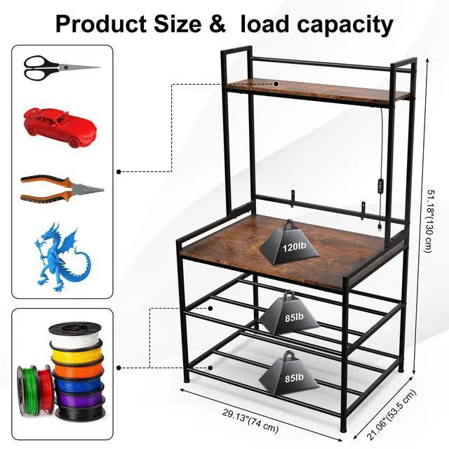 Alt view image 4 of 7 - 3D Printer Stand with Filament StorageLED Light and Display Shelf Rack | Heavy Duty Metal 3 Tier 3D Printer Table to Store PLA/ABS/TPU Spools for Home Office Workshop Studio, 29.13"Lx21.06"Wx51.38"H