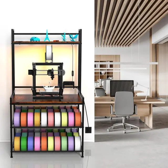 Alt view image 6 of 7 - 3D Printer Stand with Filament StorageLED Light and Display Shelf Rack | Heavy Duty Metal 3 Tier 3D Printer Table to Store PLA/ABS/TPU Spools for Home Office Workshop Studio, 29.13"Lx21.06"Wx51.38"H