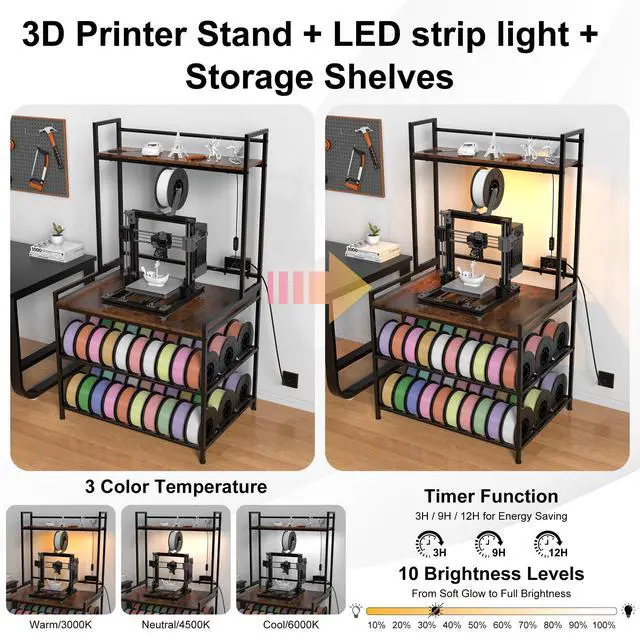 Alt view image 5 of 7 - 3D Printer Stand with Filament StorageLED Light and Display Shelf Rack | Heavy Duty Metal 3 Tier 3D Printer Table to Store PLA/ABS/TPU Spools for Home Office Workshop Studio, 29.13"Lx21.06"Wx51.38"H