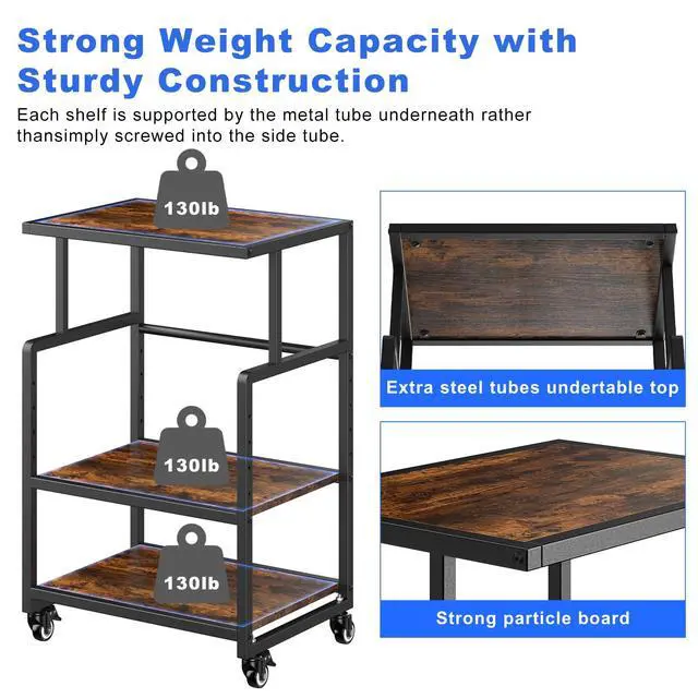 Alt view image 2 of 7 - 21.3 x 15.7 Inch Printer Stand, 5-Adjustable Heights 3 Tier Printer Cart with Wheels, Mobile Printer Table for Home Office for Storage Heat Press Scanner Fax, Rustic Brown