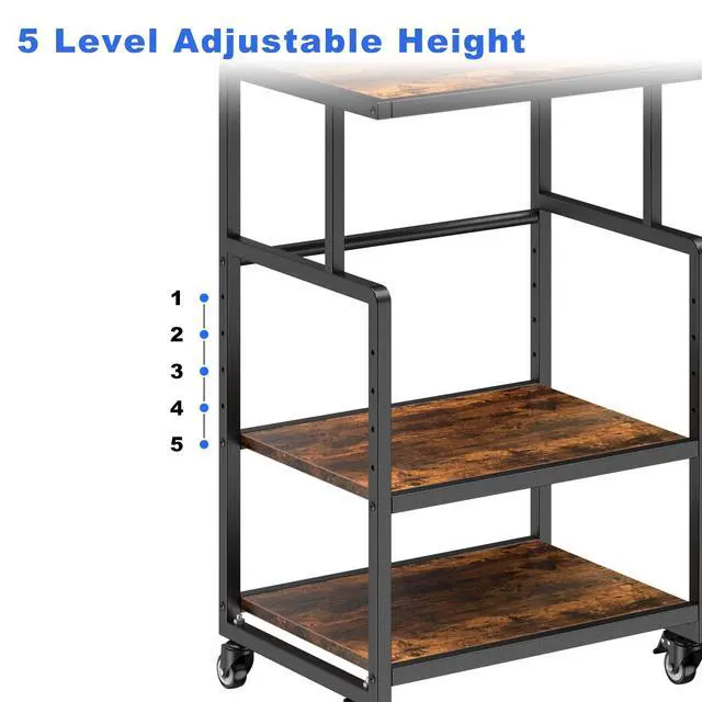 Alt view image 4 of 7 - 21.3 x 15.7 Inch Printer Stand, 5-Adjustable Heights 3 Tier Printer Cart with Wheels, Mobile Printer Table for Home Office for Storage Heat Press Scanner Fax, Rustic Brown