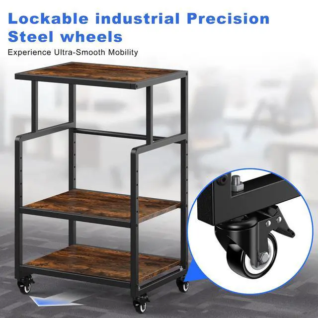 Alt view image 5 of 7 - 21.3 x 15.7 Inch Printer Stand, 5-Adjustable Heights 3 Tier Printer Cart with Wheels, Mobile Printer Table for Home Office for Storage Heat Press Scanner Fax, Rustic Brown