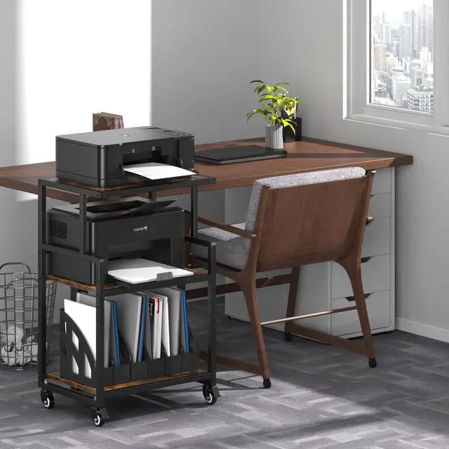 Alt view image 7 of 7 - 21.3 x 15.7 Inch Printer Stand, 5-Adjustable Heights 3 Tier Printer Cart with Wheels, Mobile Printer Table for Home Office for Storage Heat Press Scanner Fax, Rustic Brown