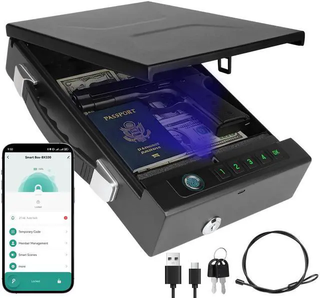 Main image of Fingerprint Lock Safe, 4-Ways Unlock Fingerprint/Digital Keypad/Key/App, Type-C Charging, Portable Small Biometric Safe for Home, Travel, Car, Storage of Cash, Jewelry, Documents