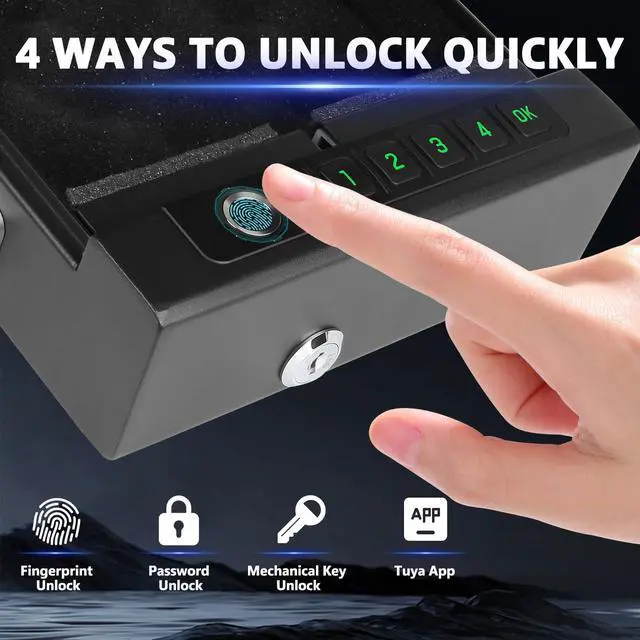 Alt view image 2 of 7 - Fingerprint Lock Safe, 4-Ways Unlock Fingerprint/Digital Keypad/Key/App, Type-C Charging, Portable Small Biometric Safe for Home, Travel, Car, Storage of Cash, Jewelry, Documents