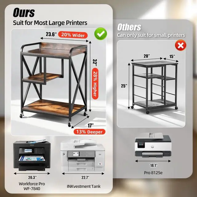 Alt view image 2 of 7 - Extra Large Printer Stand with Wheels, 17"D x 24"W x 32"H, Bearing 300 LBS | Rolling Printer Cart with X-shaped Frame, Mobile Printer Table with Wheels for Home Office, Printer Stand with Storage
