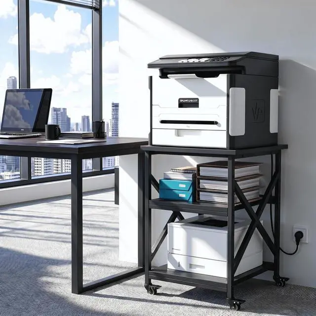 Main image of Large Printer Stand with Power Outlet, 23.6 L x 23.6 W x 30.2 H inches, Heavy Duty 3 Tier Rolling Printer Cart with Height Adjustable Storage Shelves, 360° Lockable Wheels for Home Office