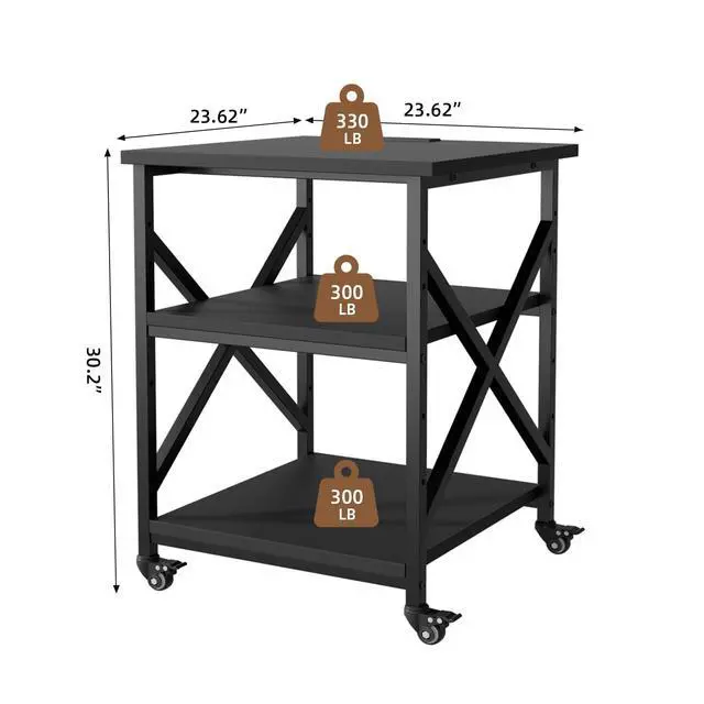 Alt view image 2 of 7 - Large Printer Stand with Power Outlet, 23.6 L x 23.6 W x 30.2 H inches, Heavy Duty 3 Tier Rolling Printer Cart with Height Adjustable Storage Shelves, 360° Lockable Wheels for Home Office
