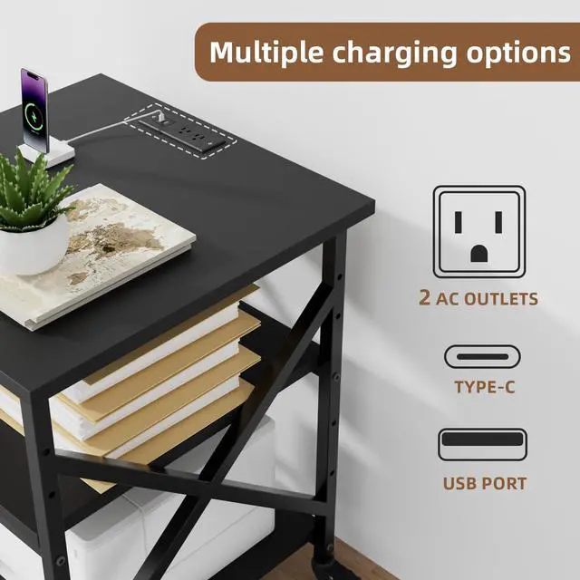 Alt view image 3 of 7 - Large Printer Stand with Power Outlet, 23.6 L x 23.6 W x 30.2 H inches, Heavy Duty 3 Tier Rolling Printer Cart with Height Adjustable Storage Shelves, 360° Lockable Wheels for Home Office