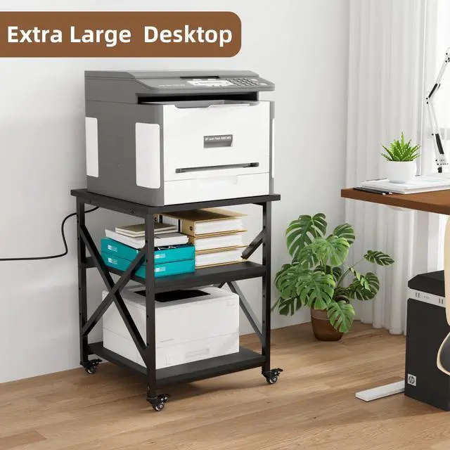 Alt view image 4 of 7 - Large Printer Stand with Power Outlet, 23.6 L x 23.6 W x 30.2 H inches, Heavy Duty 3 Tier Rolling Printer Cart with Height Adjustable Storage Shelves, 360° Lockable Wheels for Home Office