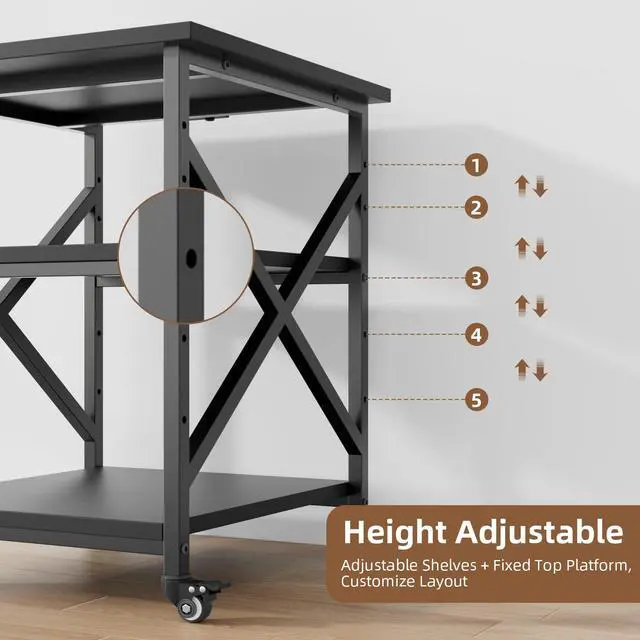 Alt view image 5 of 7 - Large Printer Stand with Power Outlet, 23.6 L x 23.6 W x 30.2 H inches, Heavy Duty 3 Tier Rolling Printer Cart with Height Adjustable Storage Shelves, 360° Lockable Wheels for Home Office